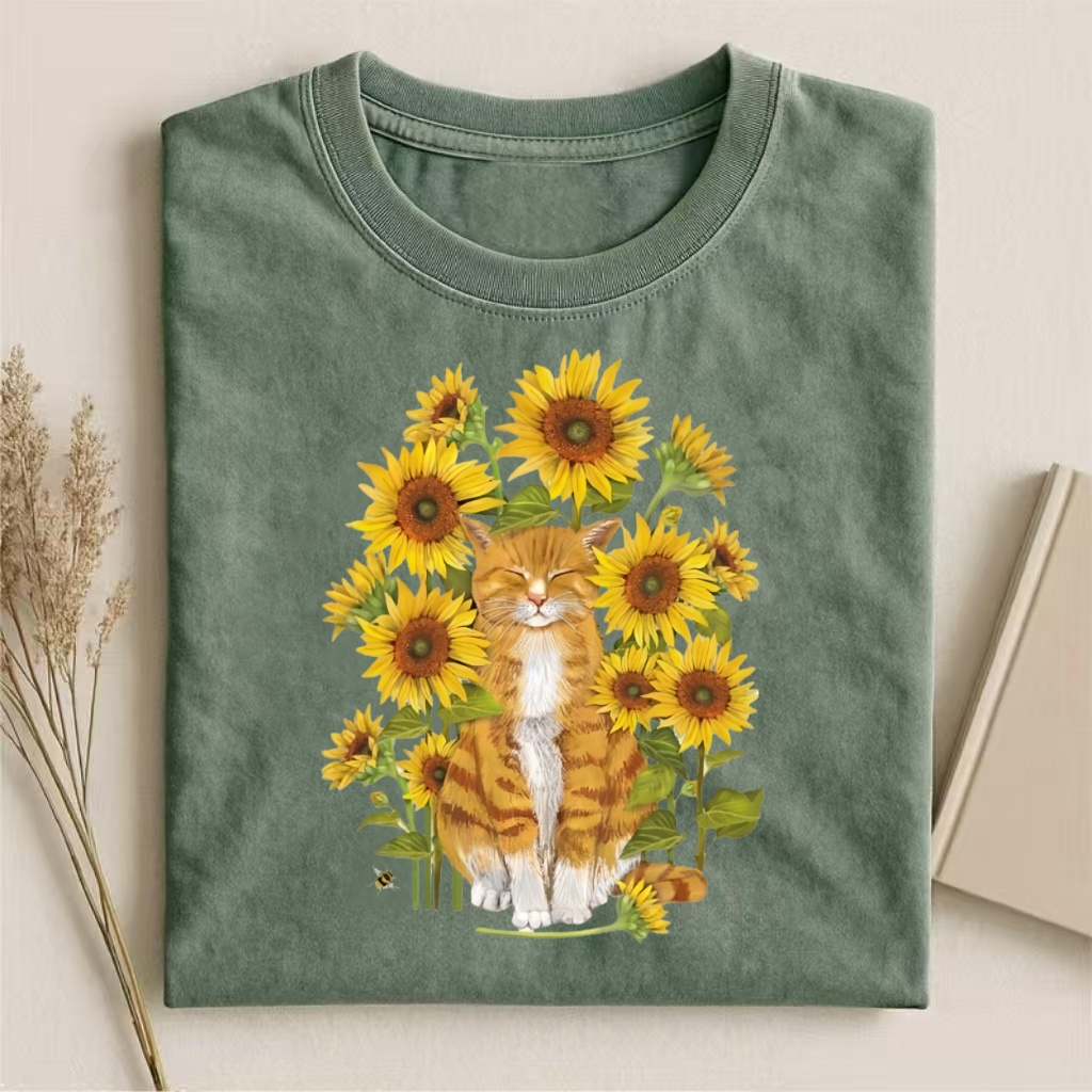 Orange Cat In Sunflowers Watercolor T-shirt