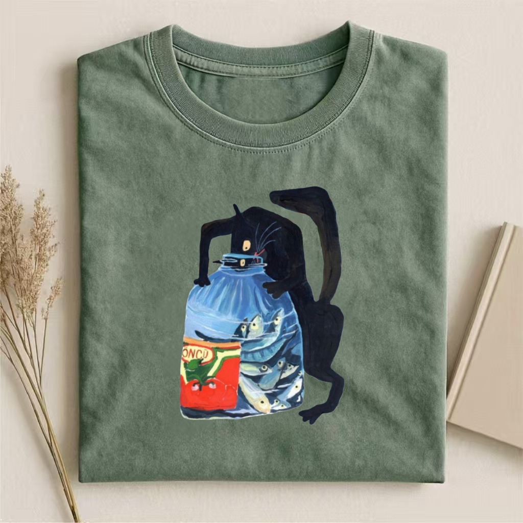 Black Cat & Fish Bottle Art T-shirt