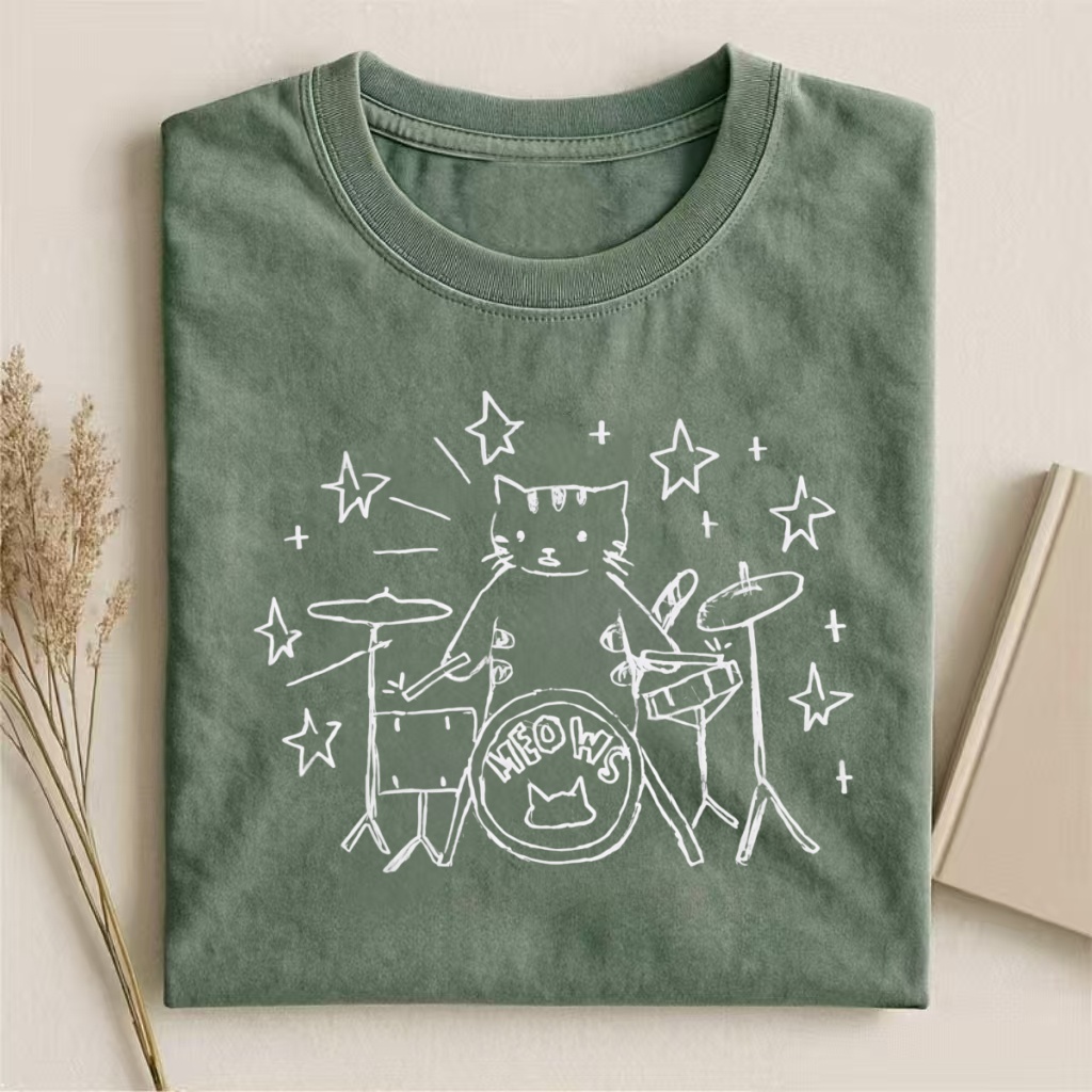 Cat Drummer "Meow" Band Graphic T-shirt
