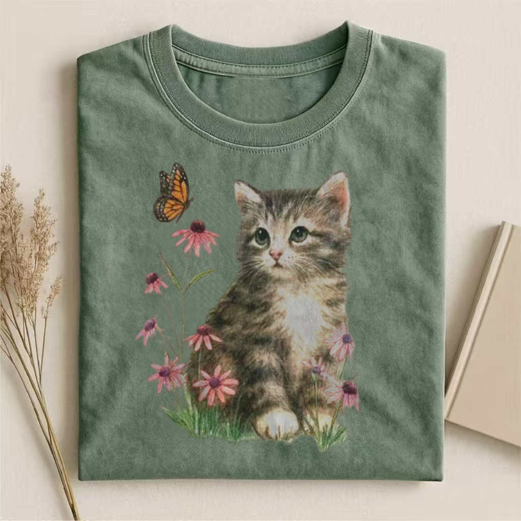 Kitten With Butterfly & Wildflowers Watercolor T-shirt