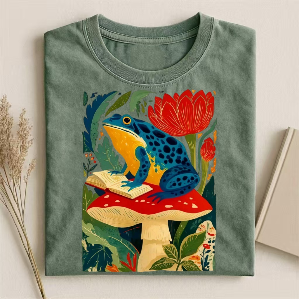 Frog Reading On Mushroom Art T-shirt