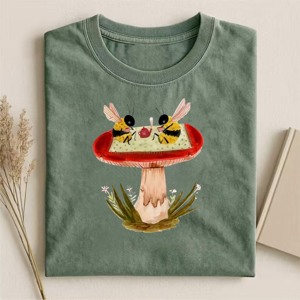 Bees On Mushroom Tea Party Watercolor T-shirt