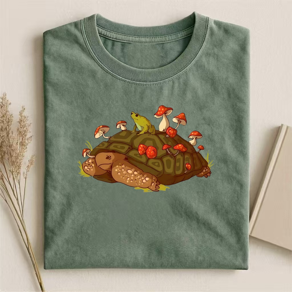 Turtle & Frog With Mushrooms Cute Graphic T-shirt