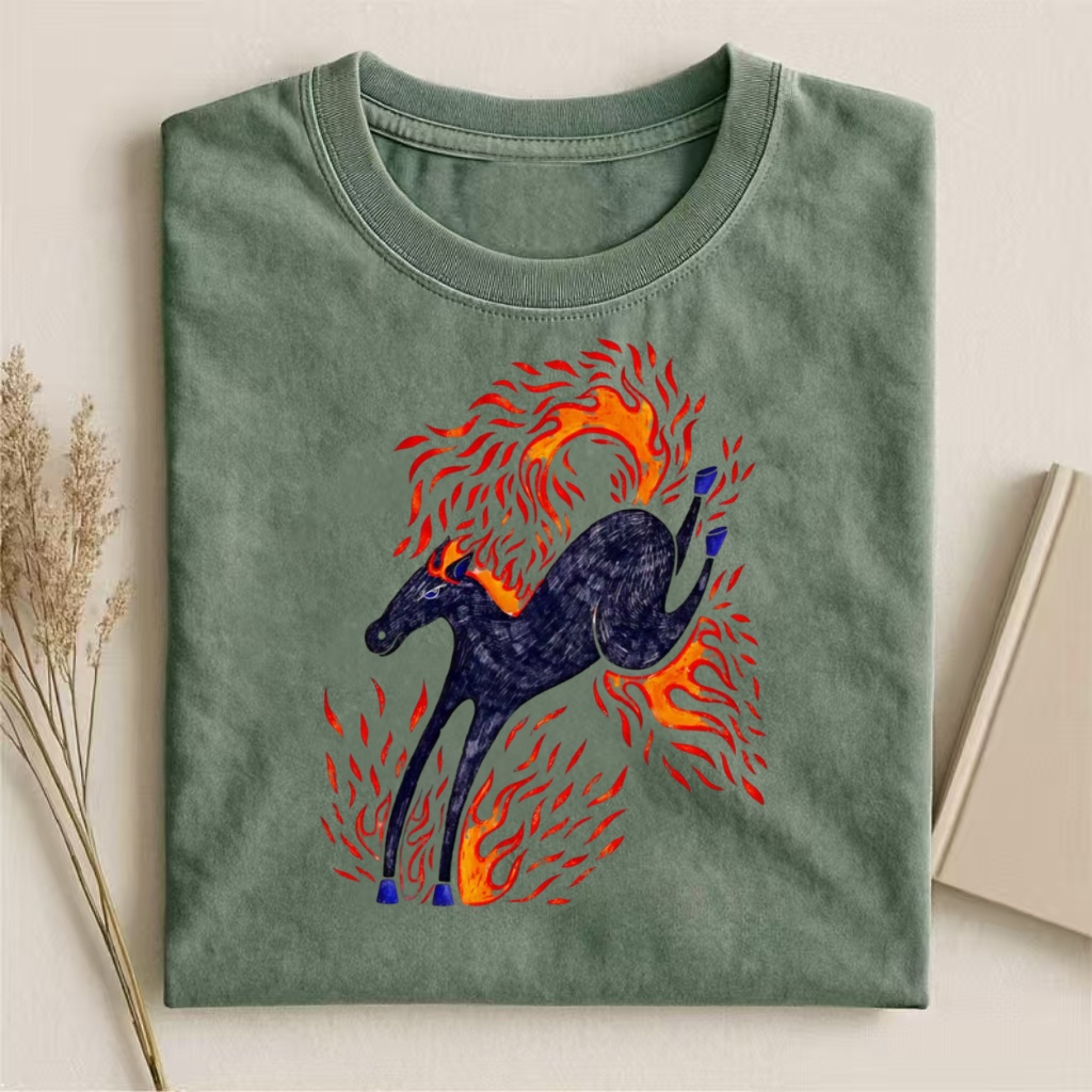 Flaming Black Horse Psychedelic Art T-shirt