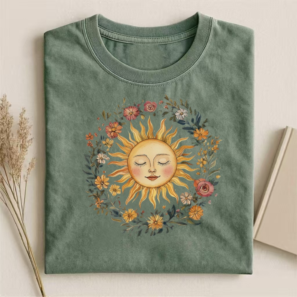 Sun With Floral Wreath Boho Art T-shirt