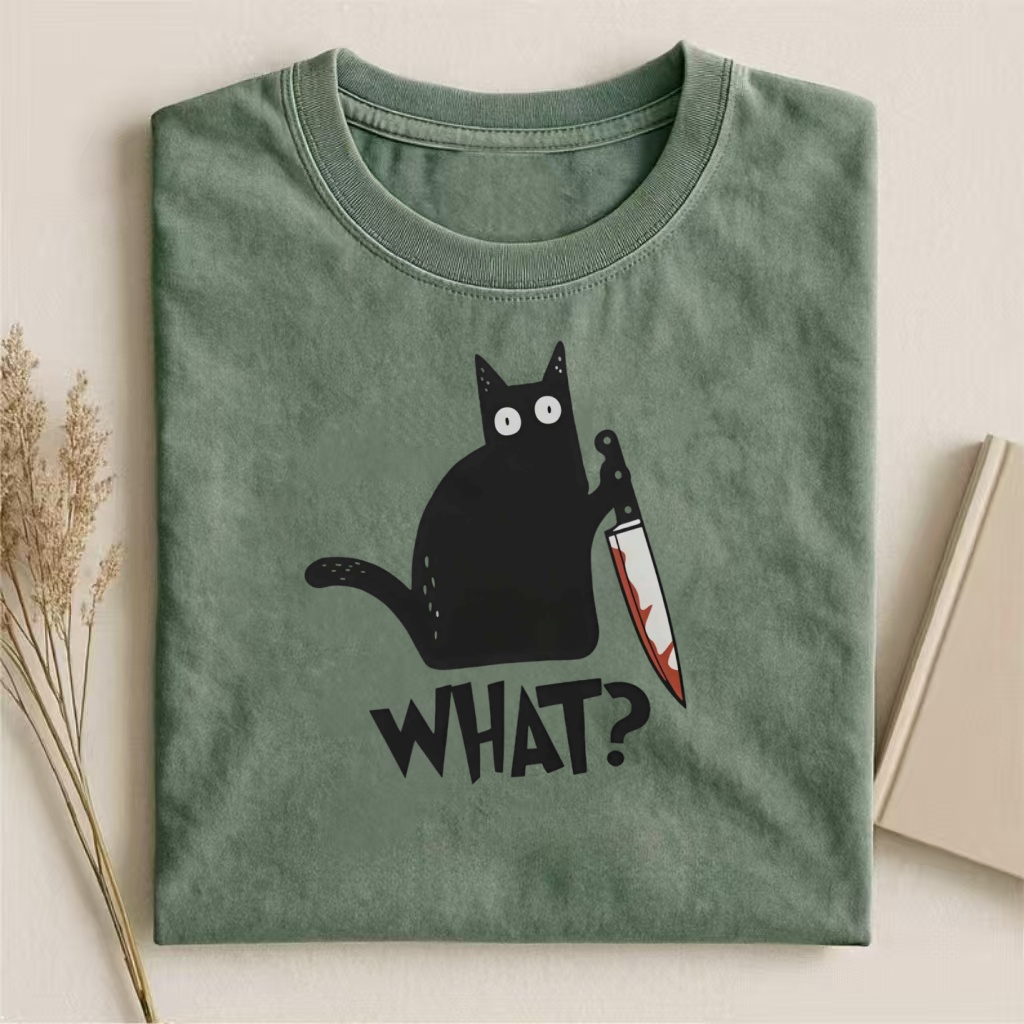 Black Cat With Knife "What?" Meme T-shirt