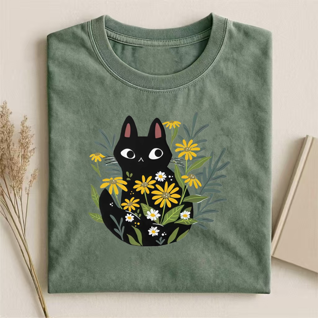 Black Cat In Yellow Flowers Whimsical T-shirt