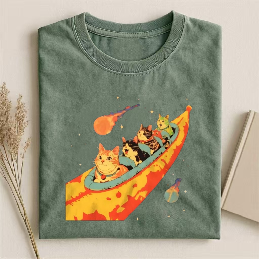 Cats In Banana Spaceship Cosmic Graphic T-shirt