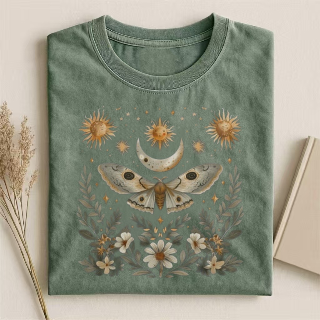 Celestial Moth & Moon Floral Art T-shirt