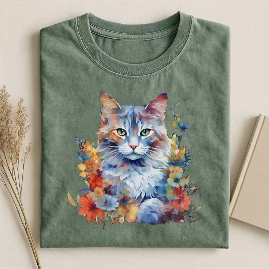 Watercolor Maine Coon Cat Floral T-shirt