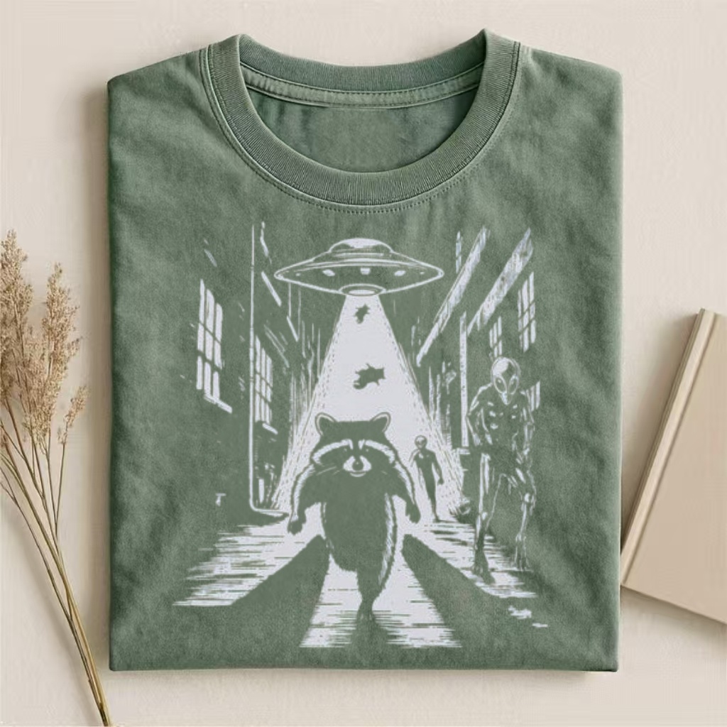 Raccoon UFO Alien Chase Graphic T-shirt