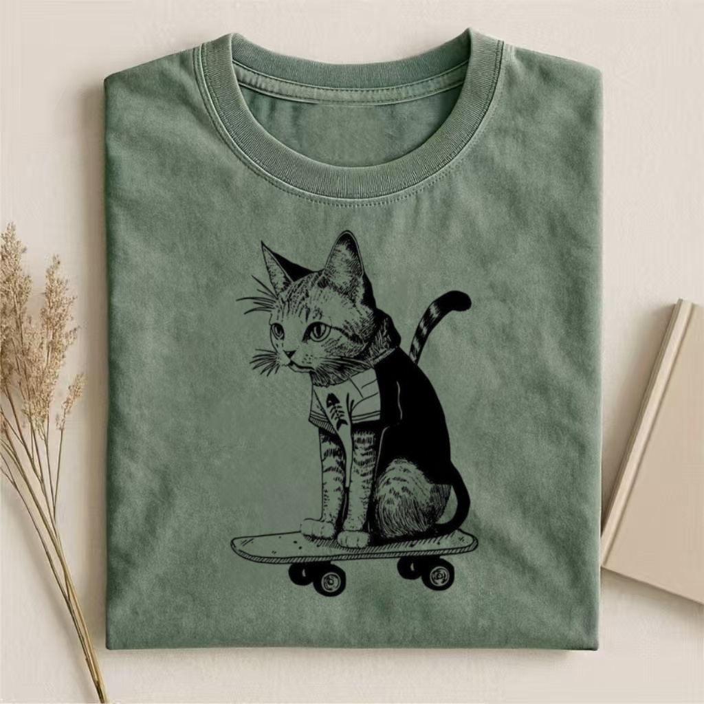 Skateboard Cat Line Art T-shirt