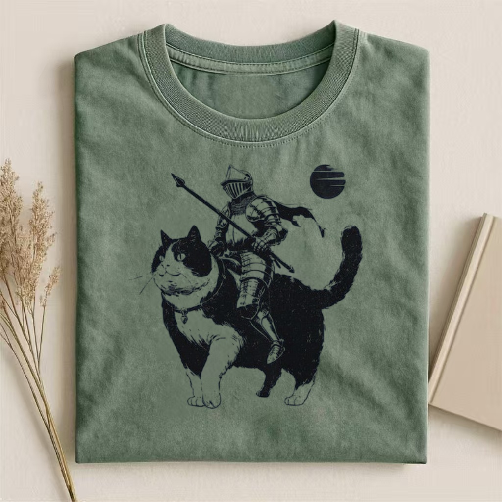 Knight Riding Cat Fantasy Art T-shirt