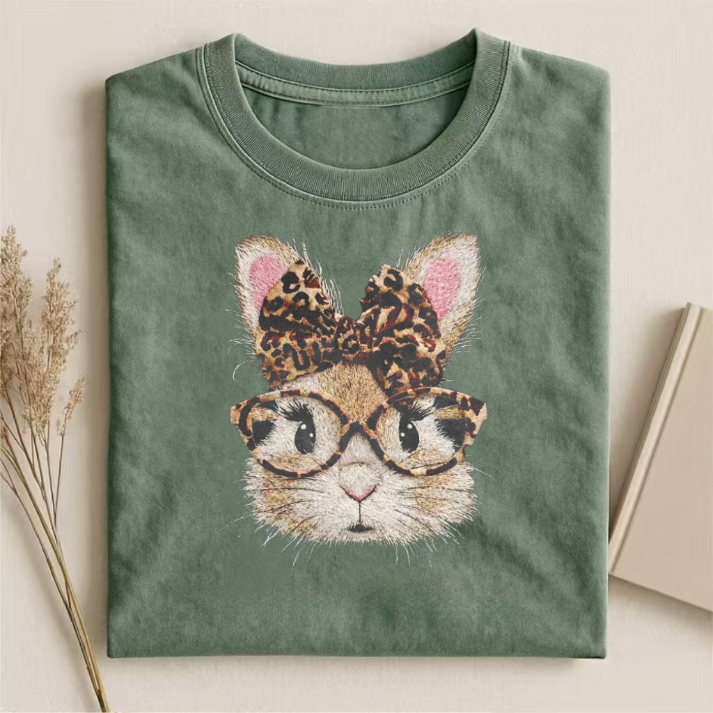 Leopard Print Bunny Embroidered T-shirt