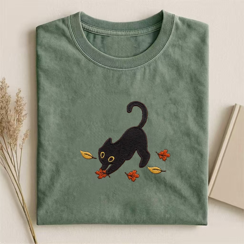 Cat Pouncing Leaves Embroidered T-shirt