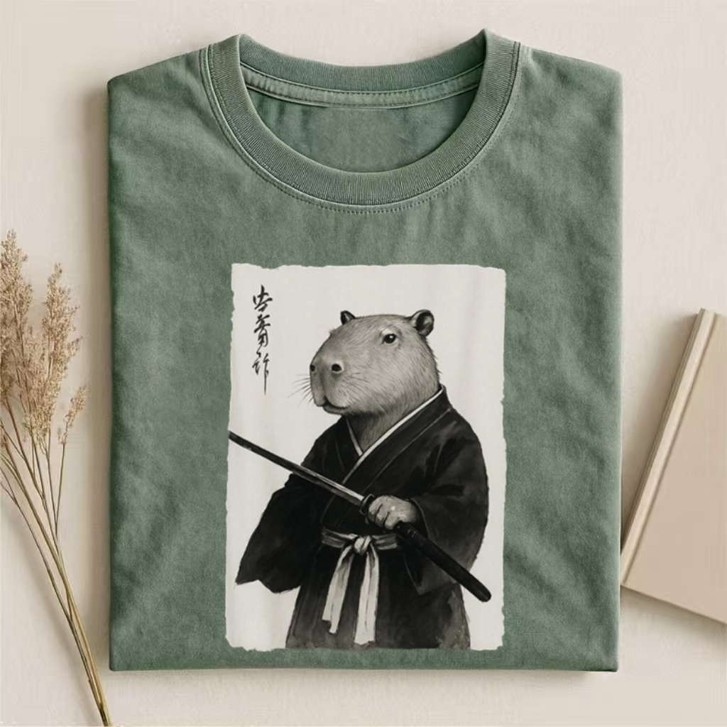 Samurai Capybara Japanese-Style Graphic T-shirt