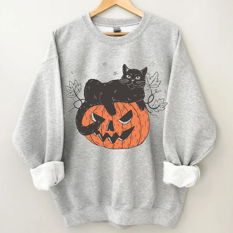 Black Cat on Pumpkin Sweatshirt-Lulueye