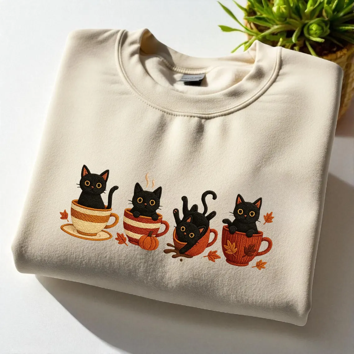 Embroidered Halloween Black Cat Sweatshirt