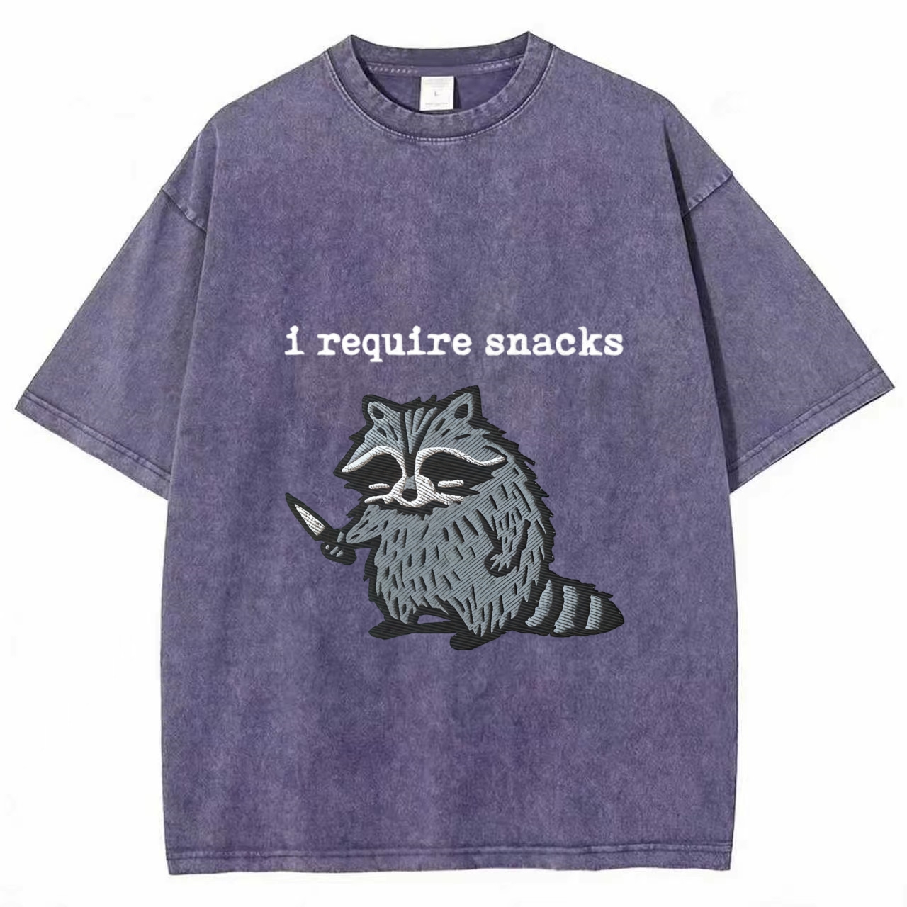 I Require Snacks Embroidered Raccoon T-Shirt