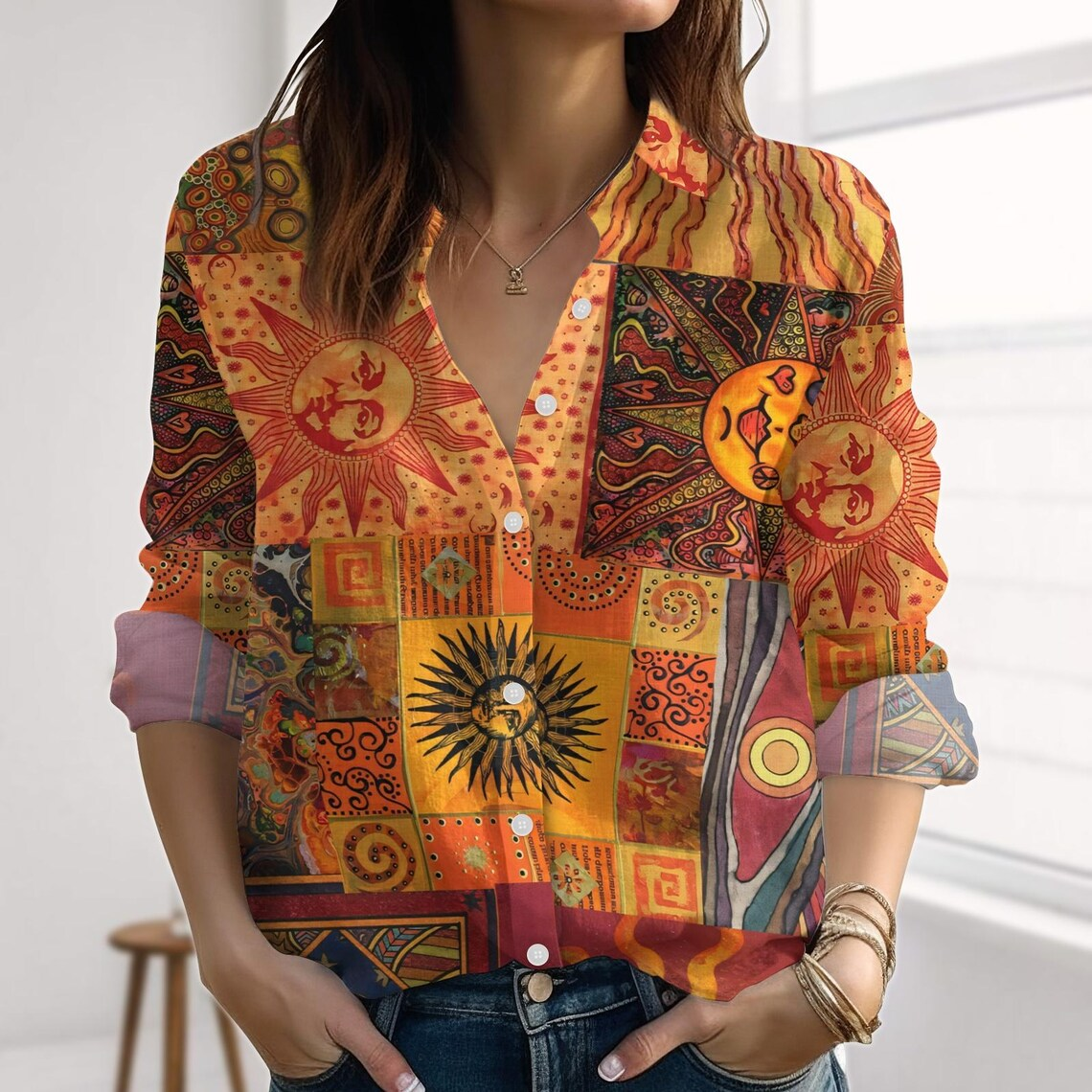 Boho Folk Art Blouses Shirt