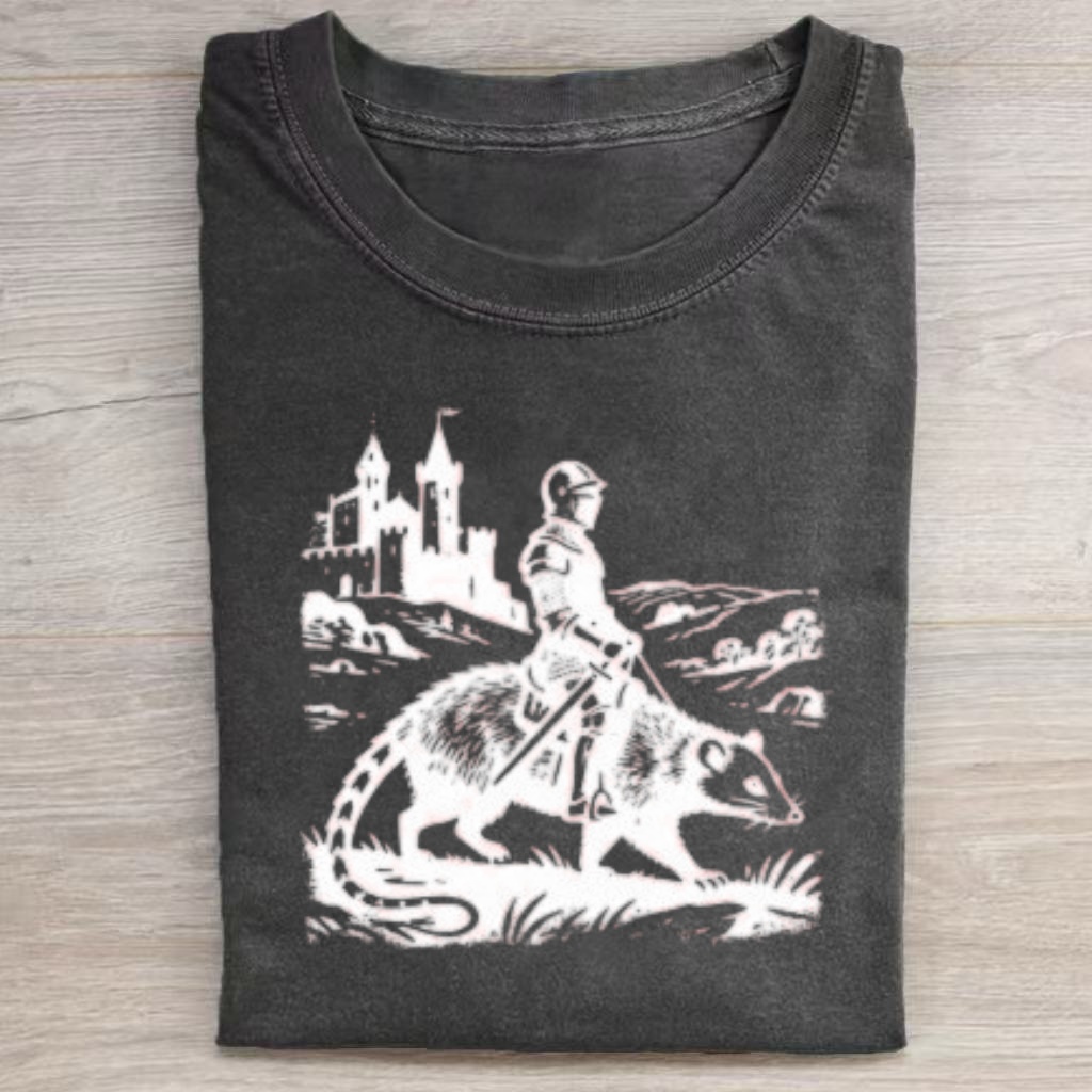 Knight Riding Opossum Medieval Art T-Shirt