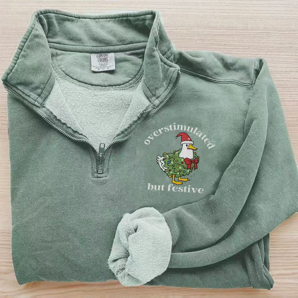 Overstimulated But Festive Christmas Duck Zip Sweatshirt