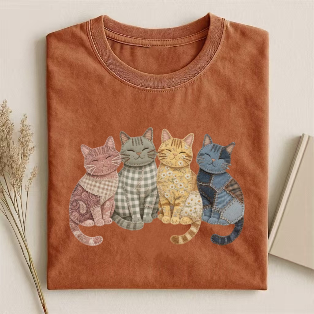 Patchwork Pattern Cats Graphic T-Shirt