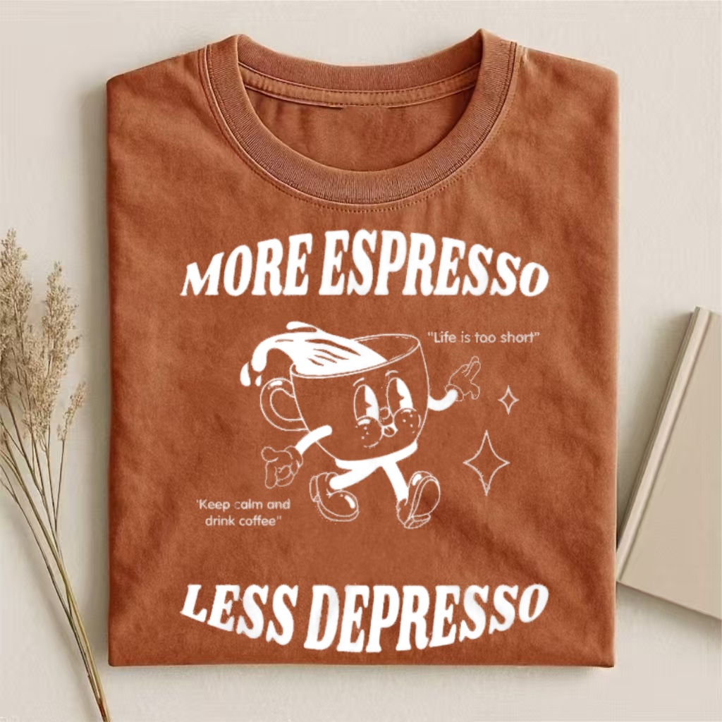 More Espresso Less Depresso" Coffee Humor Graphic T-shirt