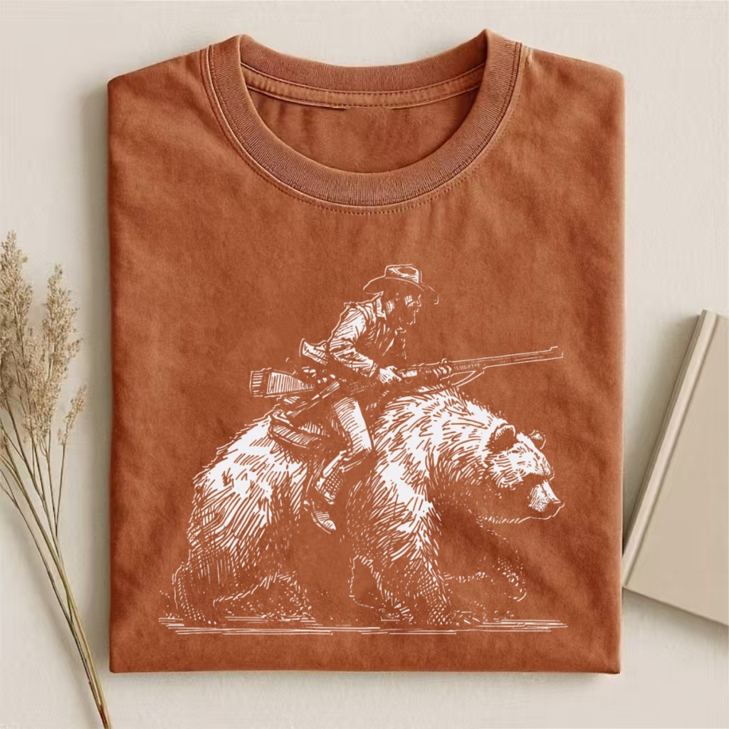 Cowboy Riding Bear Sketch Graphic T-shirt