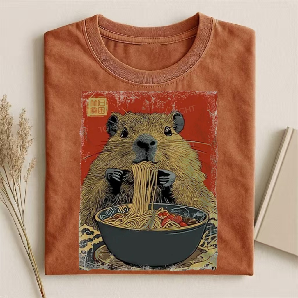 Capybara Eating Noodles Ukiyo-e Style Graphic T-shirt