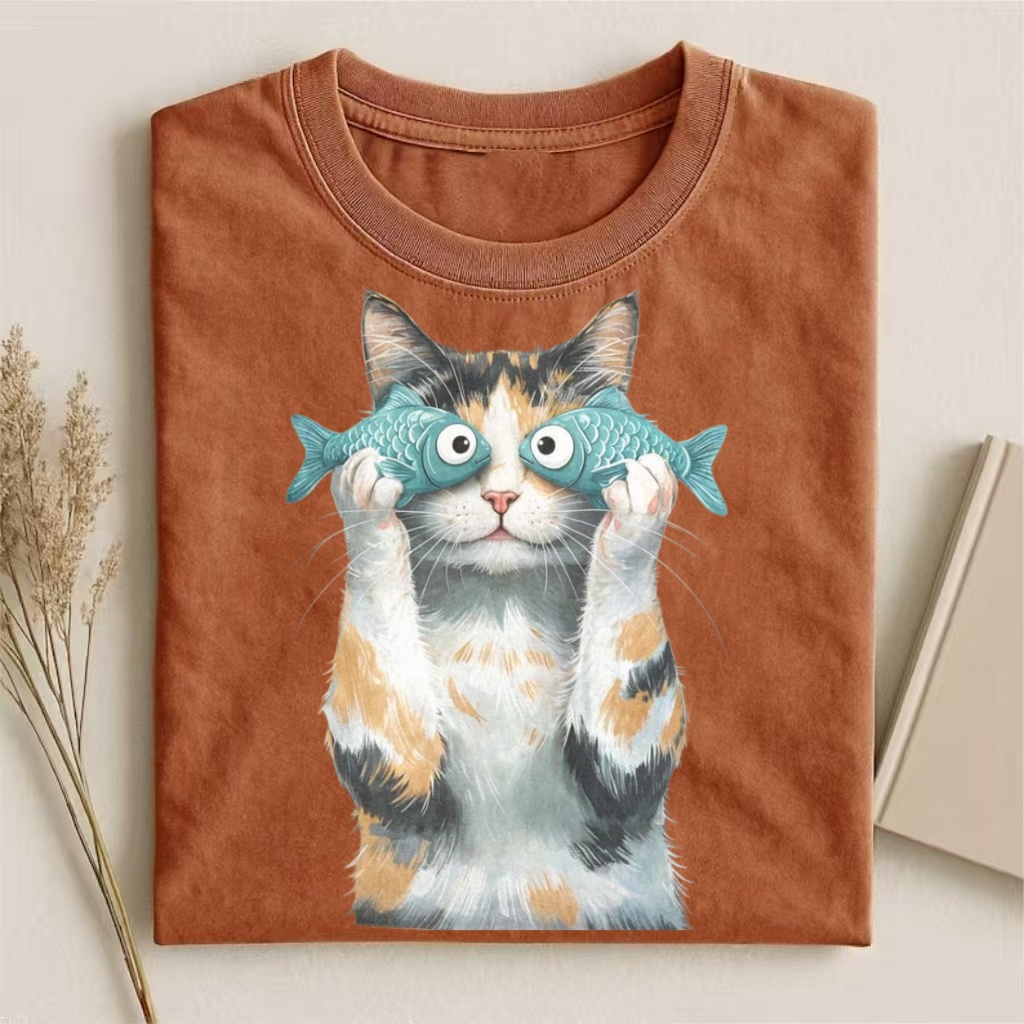 Calico Cat With Fish Eyes Funny Graphic T-shirt