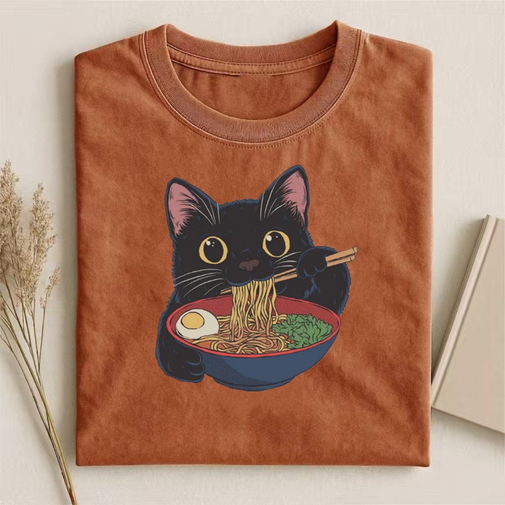 Black Cat Eating Ramen Graphic T-shirt