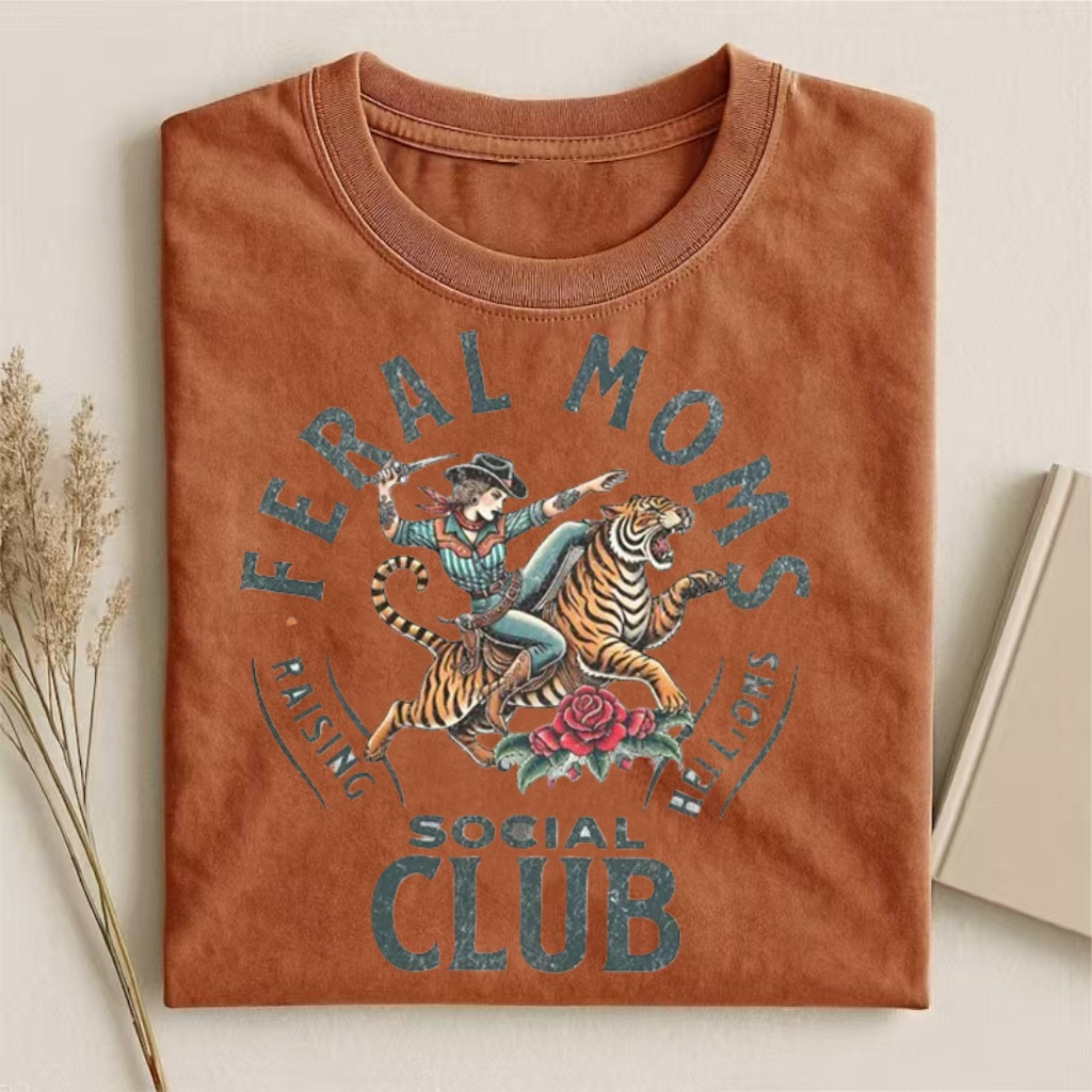 "Feral Moms Social Club" Cowboy & Tiger Graphic T-shirt