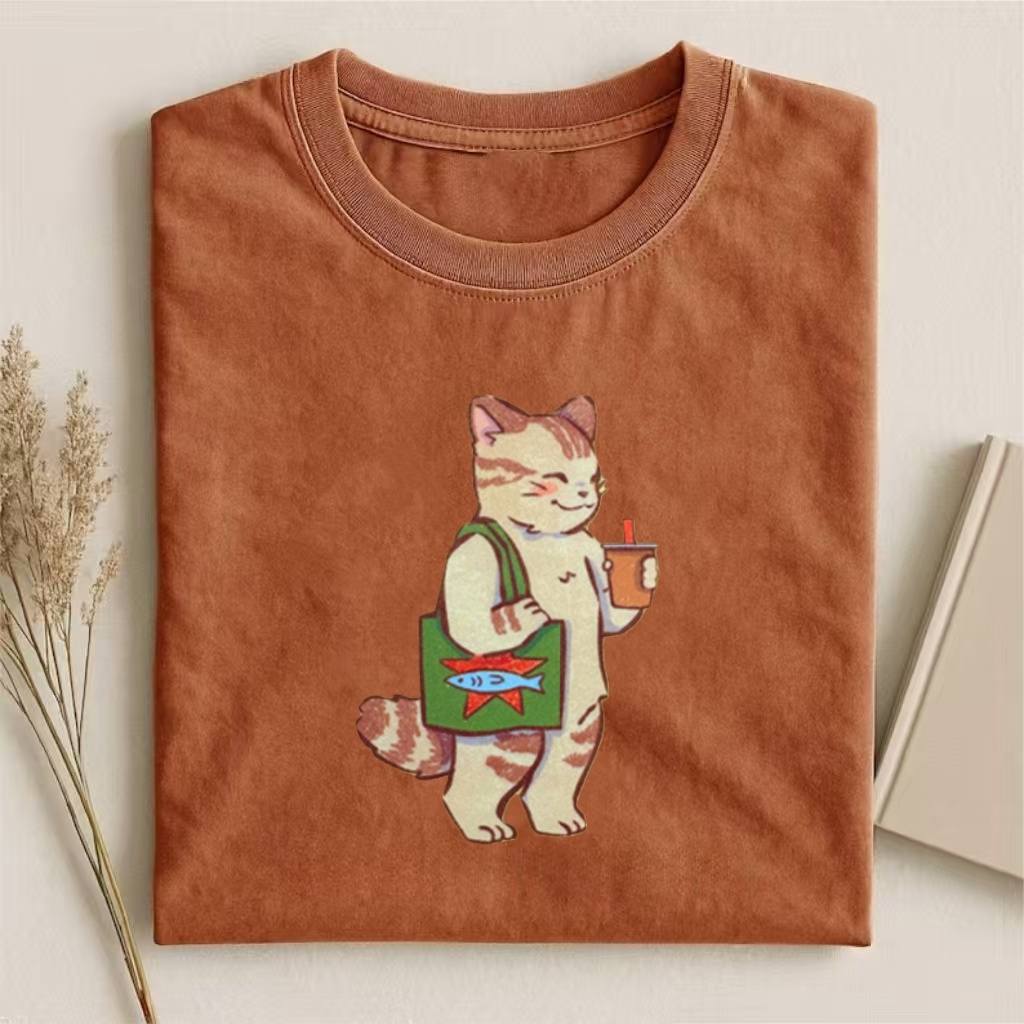 Cat With Tote & Drink Casual Graphic T-shirt