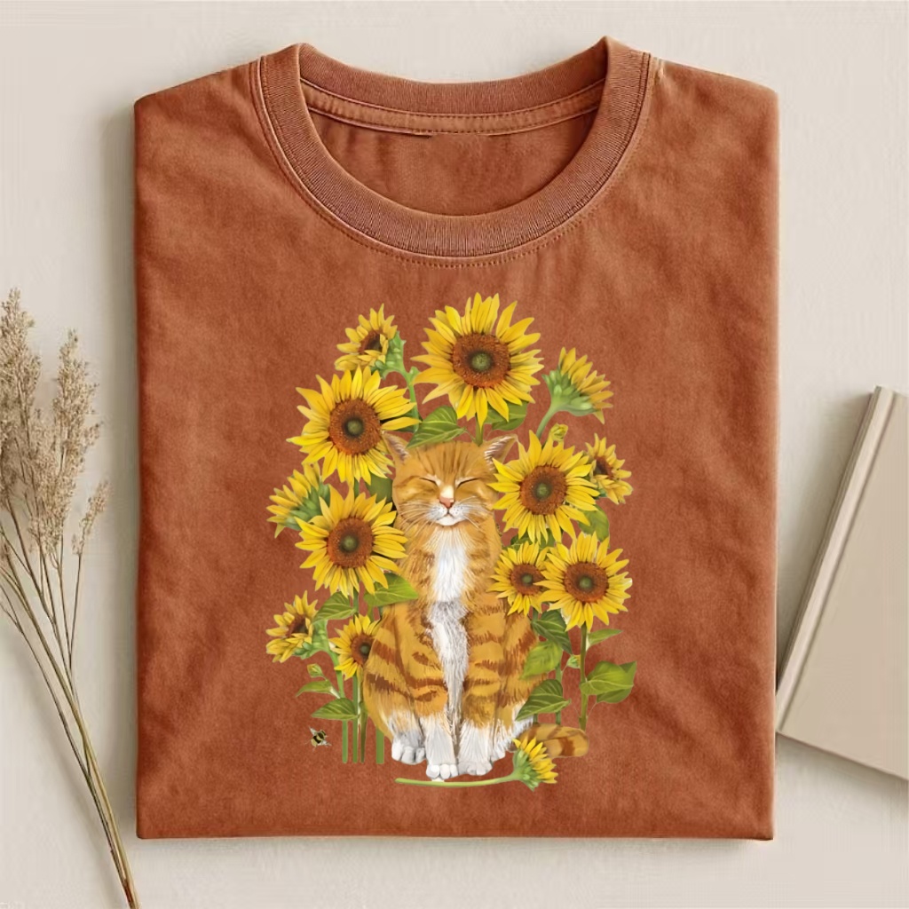 Orange Cat In Sunflowers Watercolor T-shirt