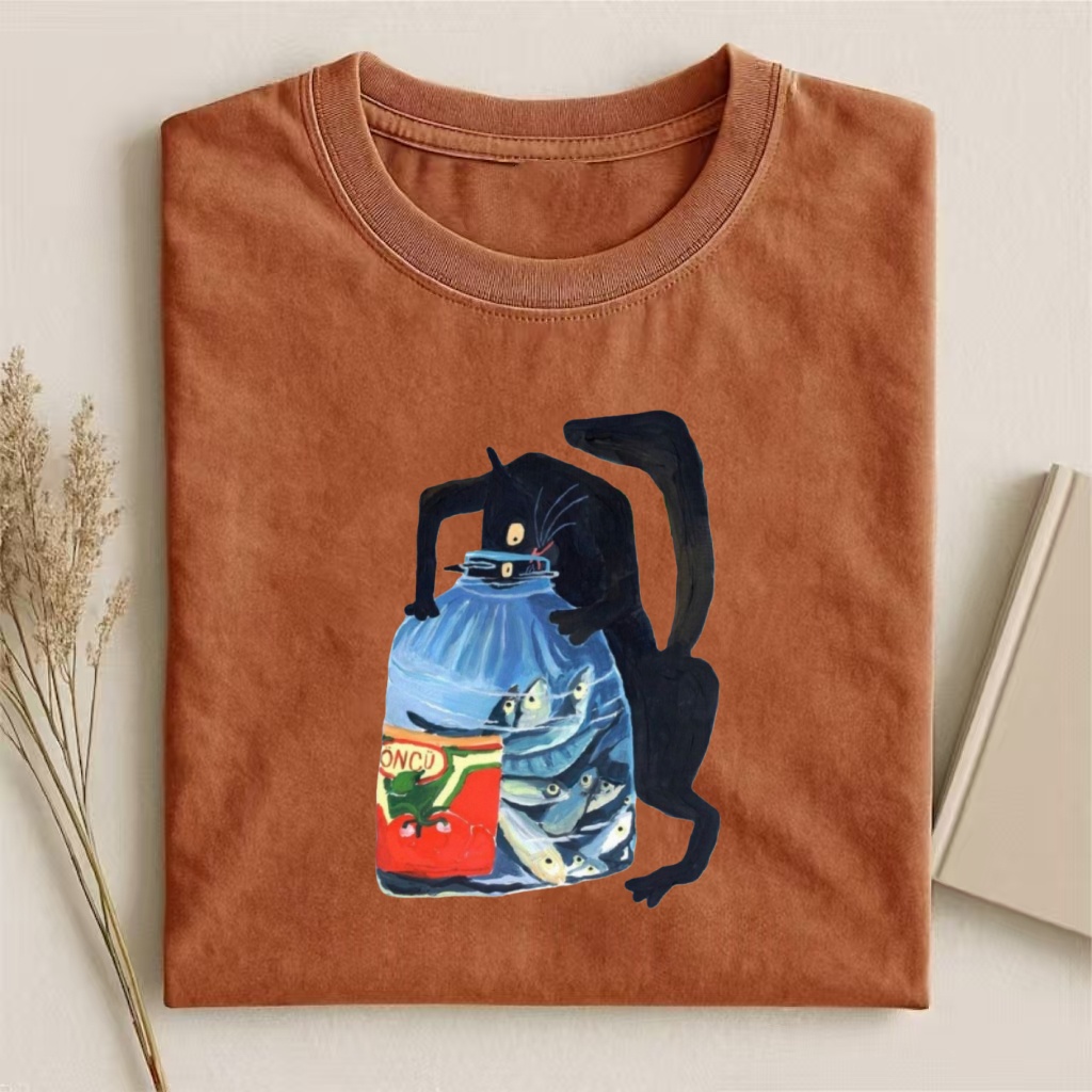 Black Cat & Fish Bottle Art T-shirt
