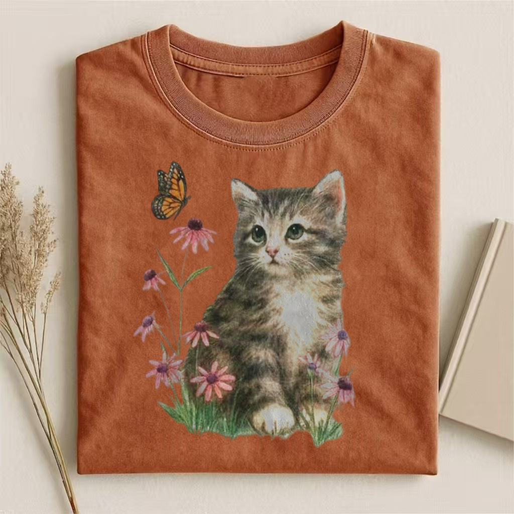 Kitten With Butterfly & Wildflowers Watercolor T-shirt