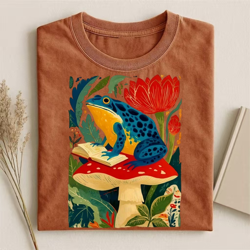 Frog Reading On Mushroom Art T-shirt