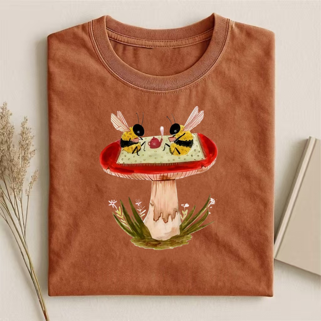 Bees On Mushroom Tea Party Watercolor T-shirt