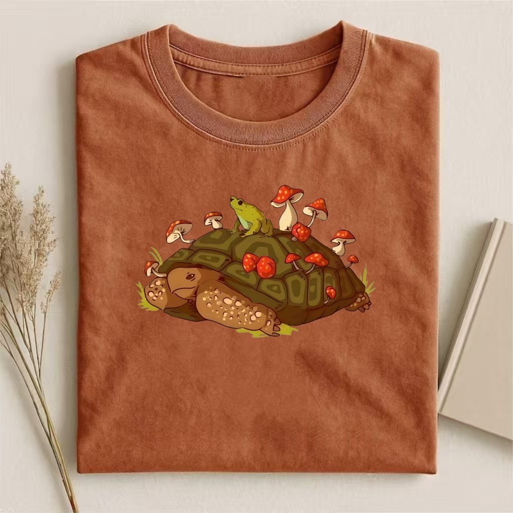 Turtle & Frog With Mushrooms Cute Graphic T-shirt