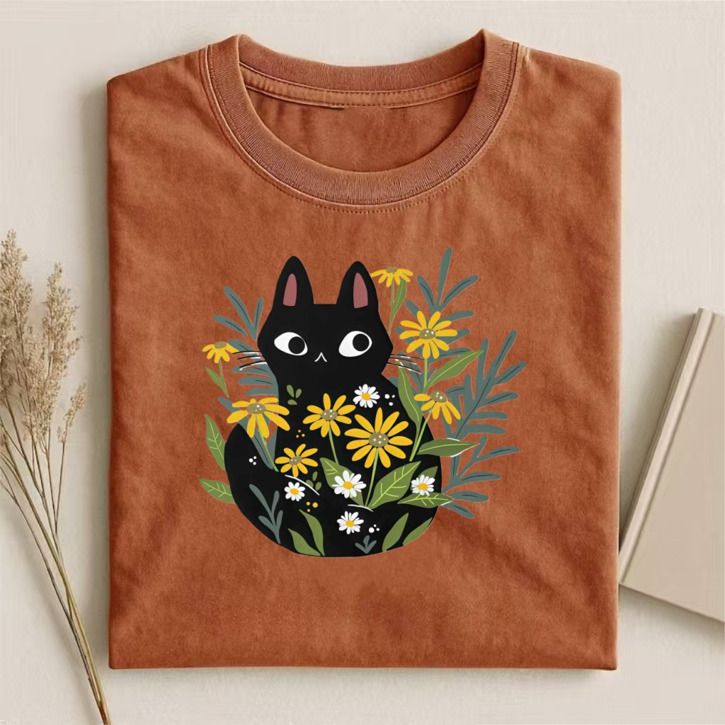 Black Cat In Yellow Flowers Whimsical T-shirt