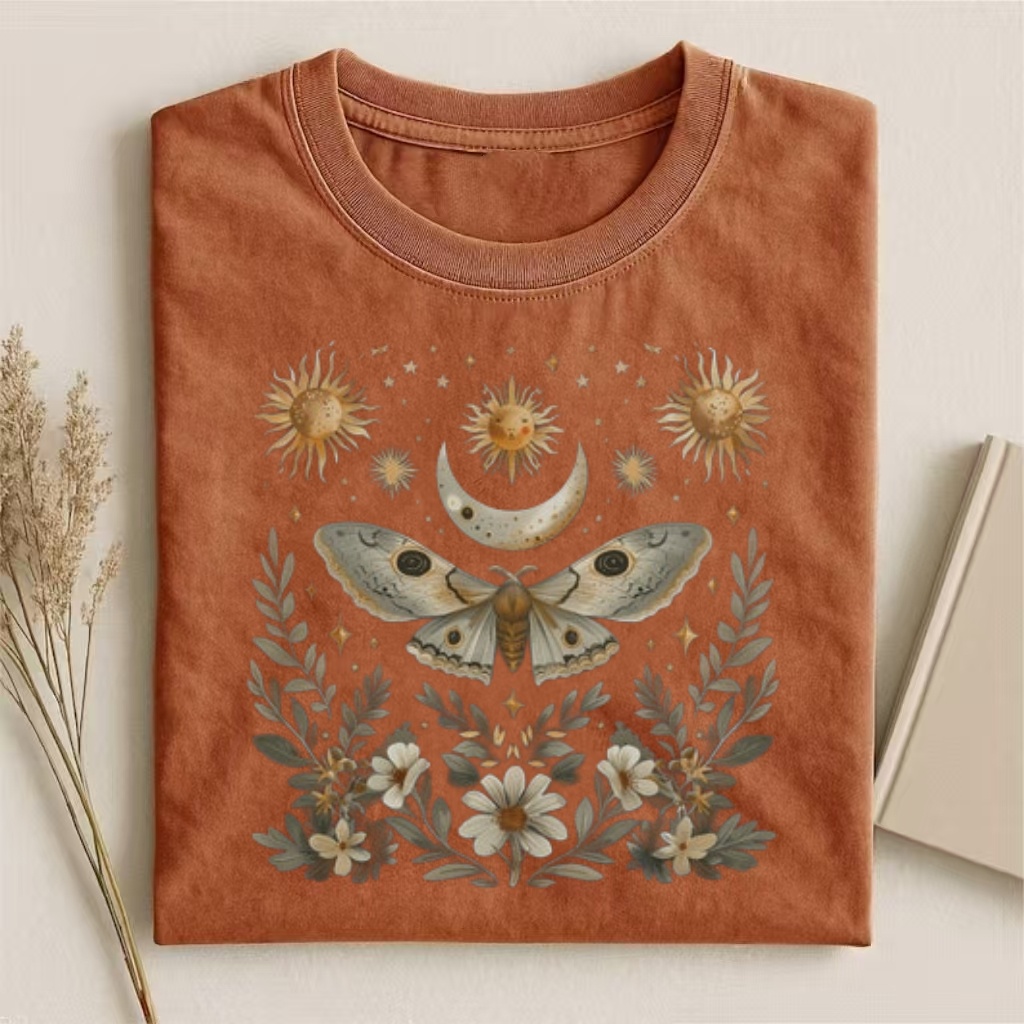 Celestial Moth & Moon Floral Art T-shirt