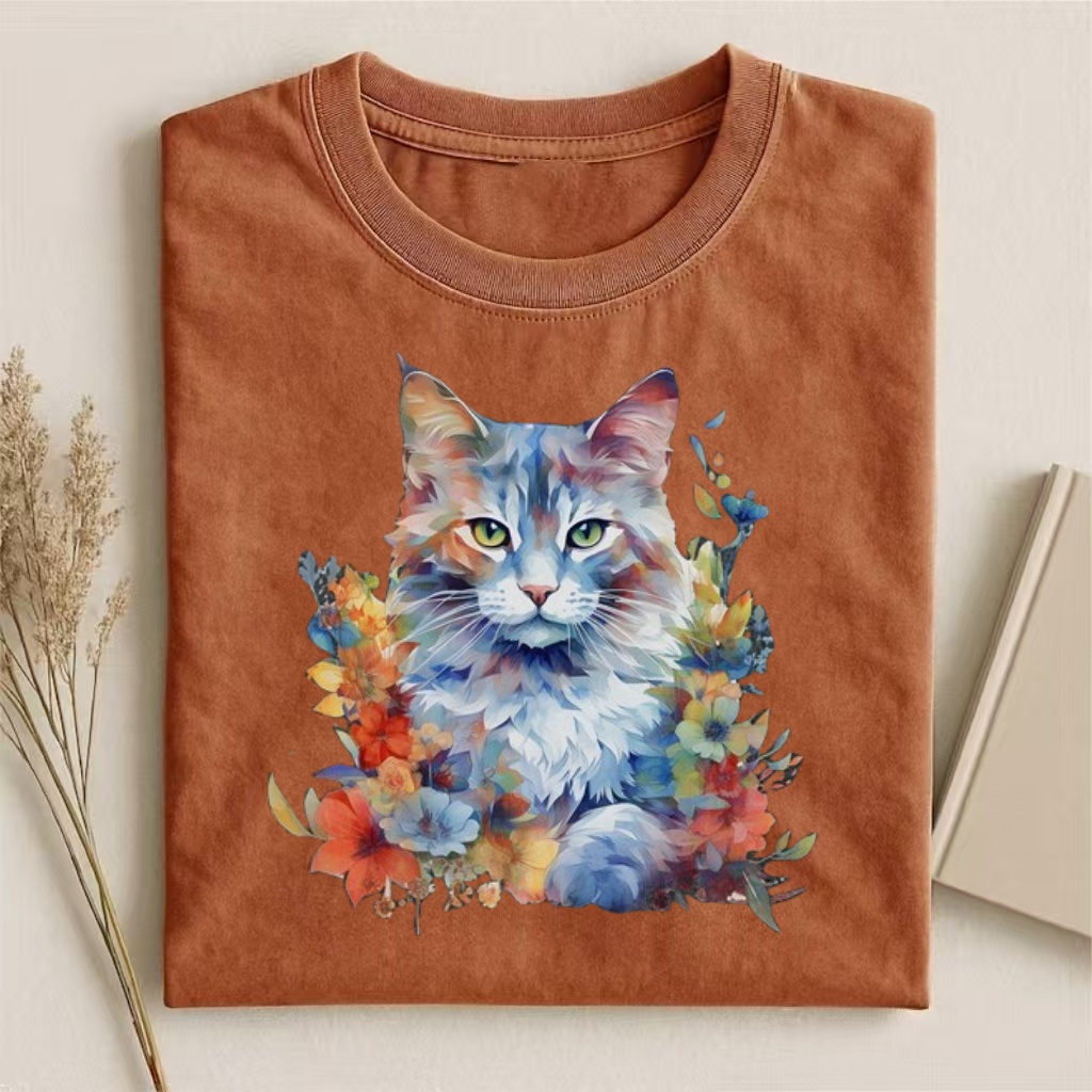 Watercolor Maine Coon Cat Floral T-shirt