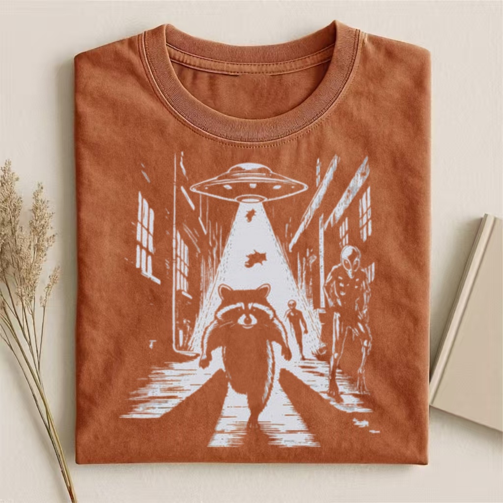Raccoon UFO Alien Chase Graphic T-shirt