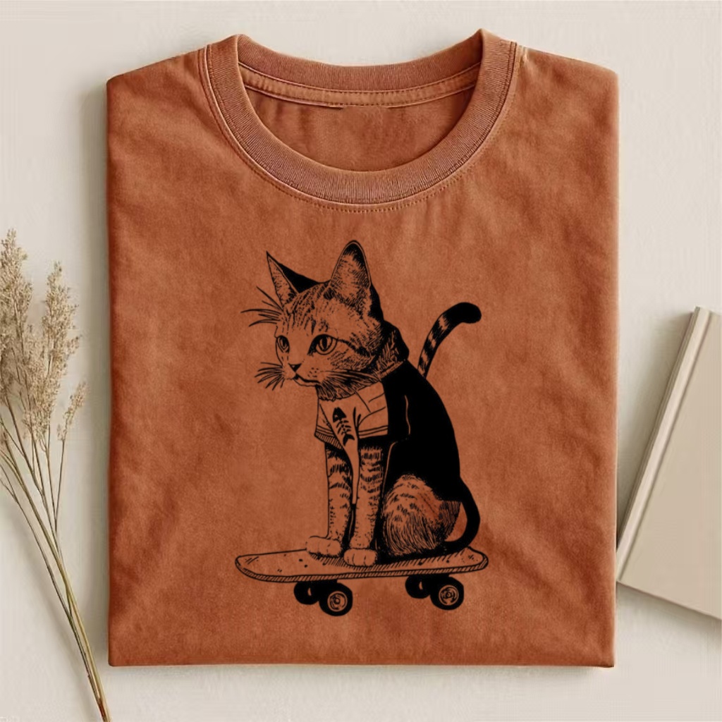 Skateboard Cat Line Art T-shirt