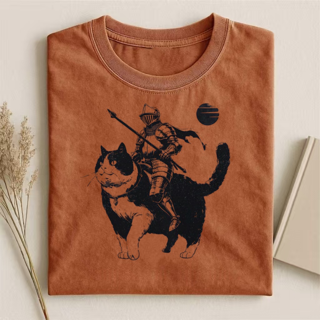 Knight Riding Cat Fantasy Art T-shirt
