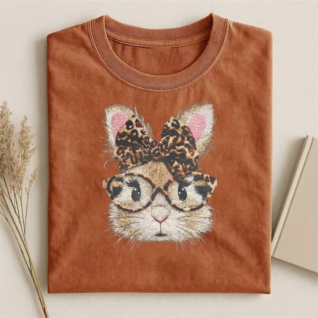 Leopard Print Bunny Embroidered T-shirt