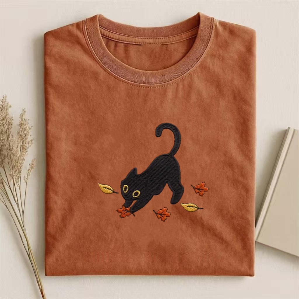 Cat Pouncing Leaves Embroidered T-shirt