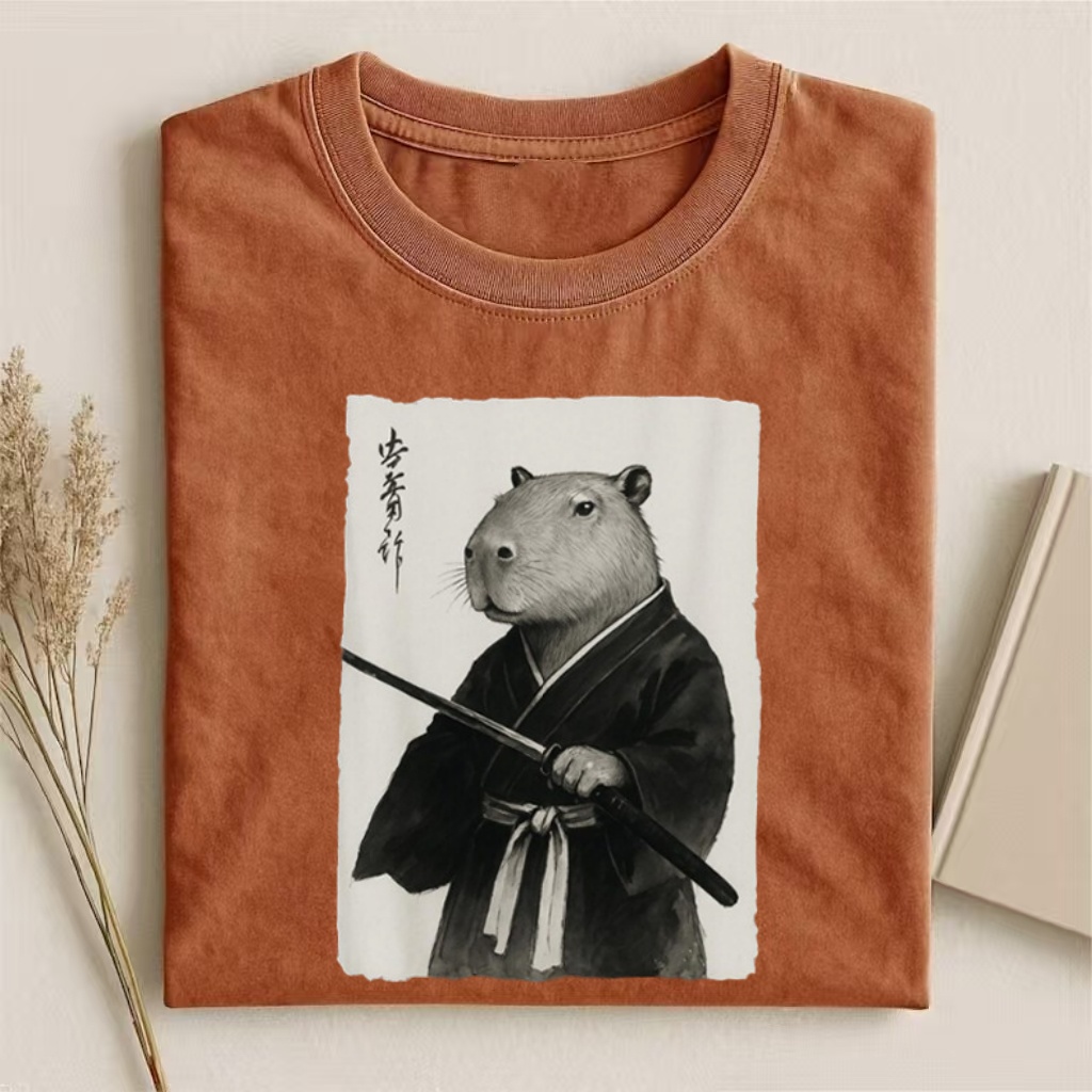 Samurai Capybara Japanese-Style Graphic T-shirt
