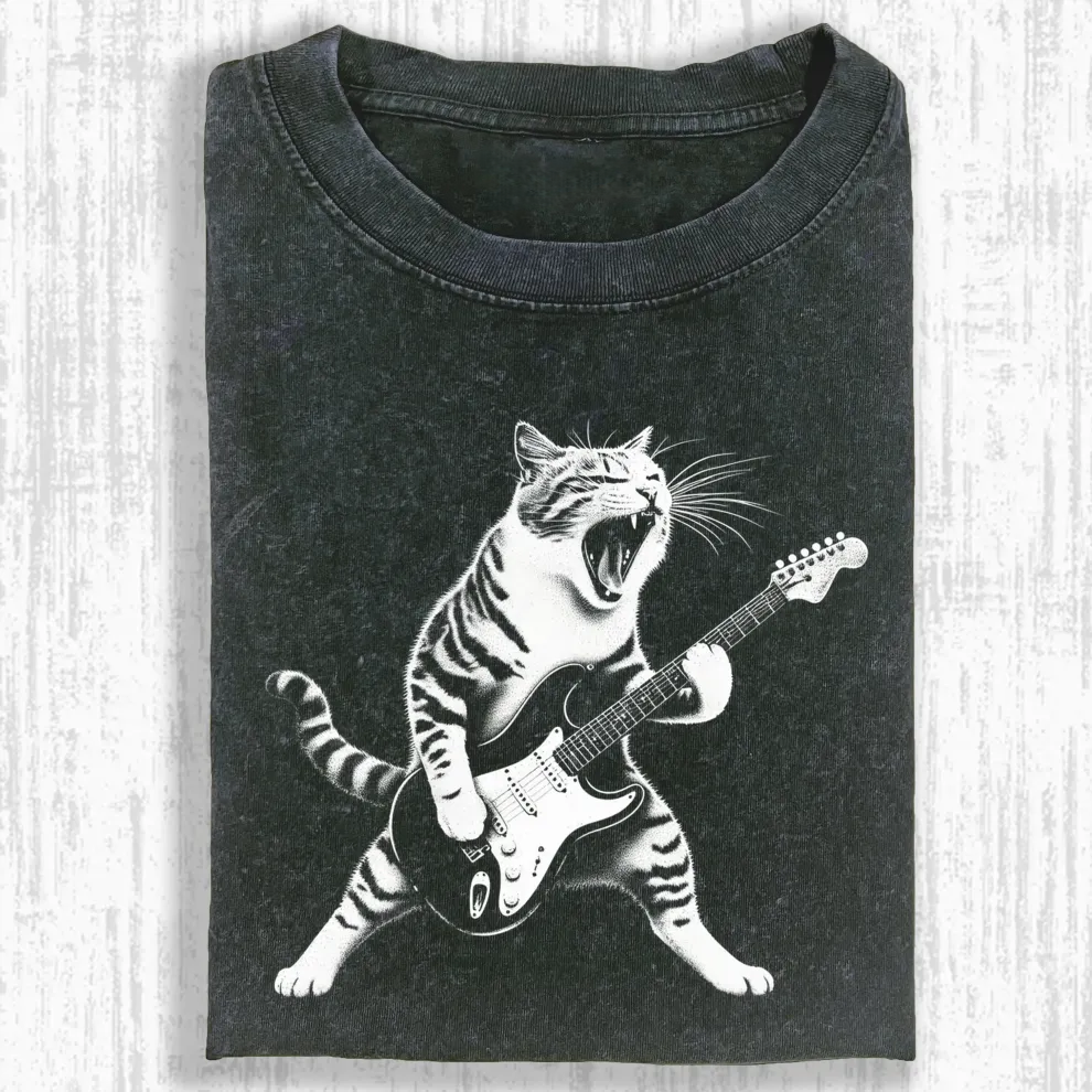 Rockstar Cat Playing Guitar Graphic T-shirt